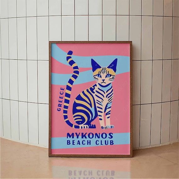 Mykonos Beach Club Cat Poster, Greek Wall Art, Beach Decor, Mid Century Modern, Trendy Retro Print, Living Room Bedroom Decor