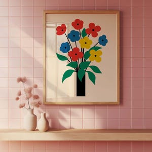 May include: A framed print of a stylized bouquet of flowers in a black vase. The flowers are red, yellow, and blue.
