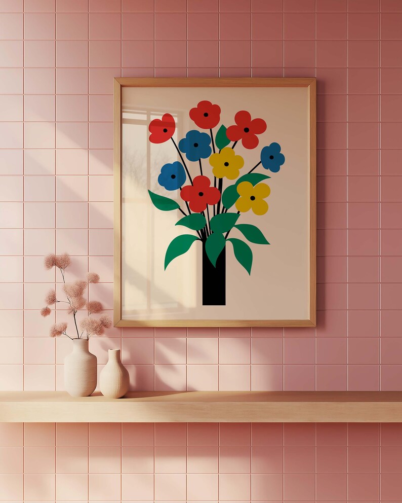 May include: A framed print of a stylized bouquet of flowers in a black vase. The flowers are red, yellow, and blue.