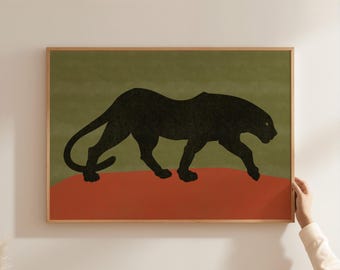 Stampa artistica di pantera nera, poster minimalista di un grande felino, arte murale retrò con animali, arredamento moderno con animali selvatici, gatto della giungla verde-arancio
