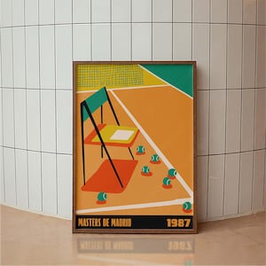Pôster retrô de tênis do Aberto de Madri, pôster esportivo, impressão tipográfica, arte colorida, impressão de arte vintage minimalista, impressão de pôster retrô, Aberto de tênis