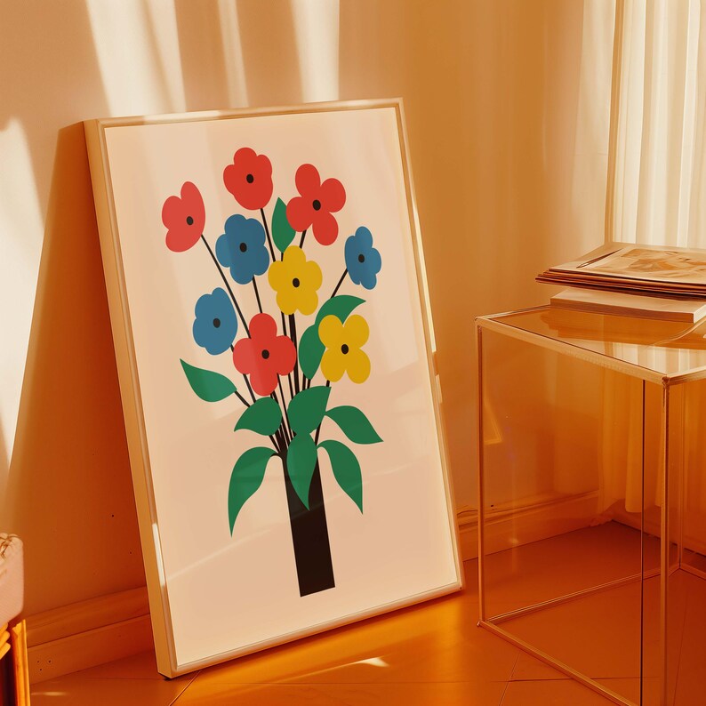 May include: A framed print of a colorful bouquet of flowers in a vase. The flowers are red, blue, yellow, and green. The background is a light orange.