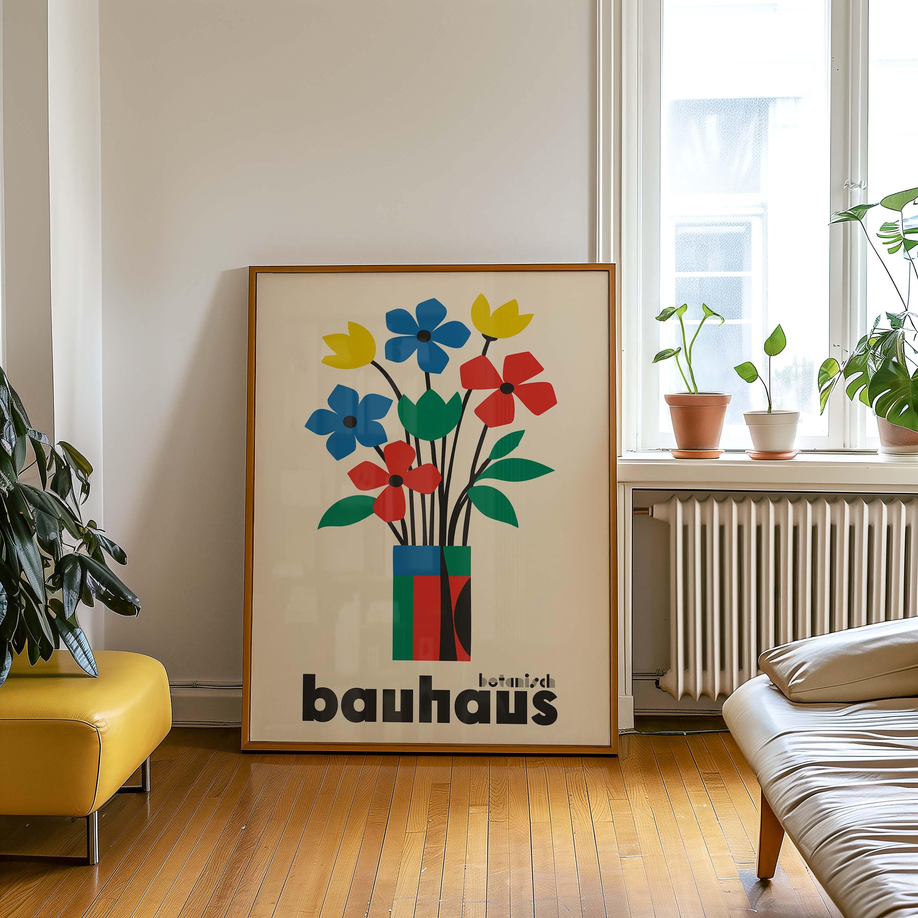 バウハウス風植物画ポスター、ミニマルなウォールアート、カラフルな