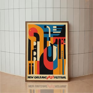 Póster abstracto del festival de jazz de Nueva Orleans, póster de música retro, decoración de pared moderna de mediados de siglo, decoración minimalista de sala de música, arte de jazz colorido