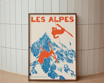 Les Alpes Ski Poster, Vintage French Alps Travel Print, Retro Mountain Ski Art, Mid Century Winter Sports Wall Decor
