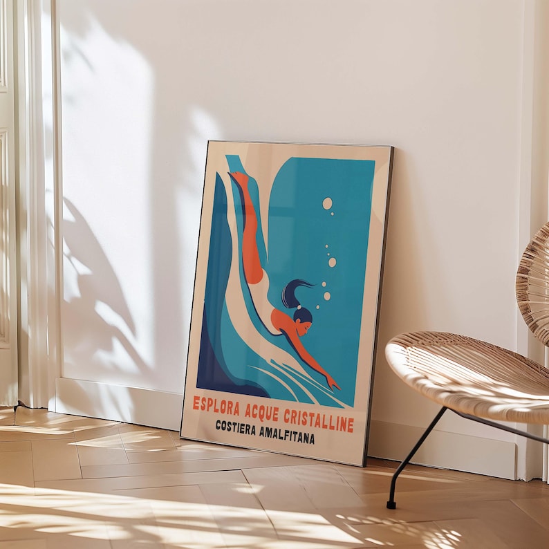 May include: A vintage-style poster with a blue background and a woman diving into the water. The poster says "Esplora Acque Cristalline Costiera Amalfitana" which translates to "Explore Crystal Clear Waters Amalfi Coast".