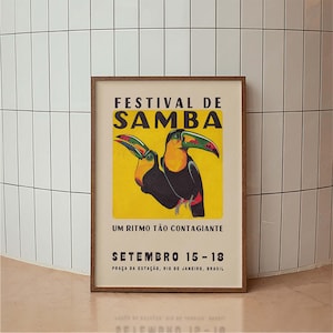 Póster del festival de samba del tucán, arte moderno vintage de mediados de siglo, impresión de pared con tipografía retro, decoración de aves tropicales de Brasil, arte de danza de samba