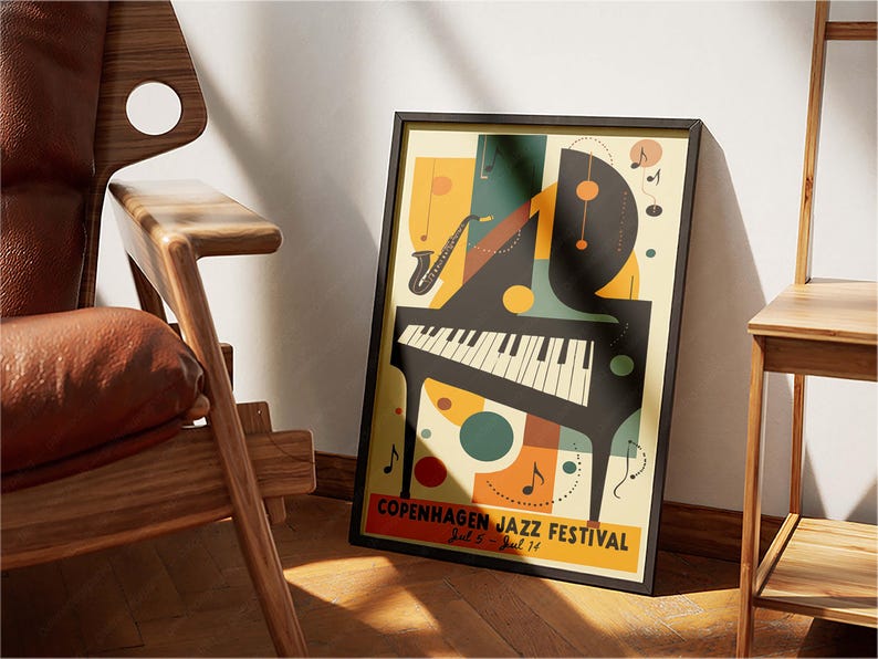 May include: A retro-style poster for the Copenhagen Jazz Festival, featuring a black piano with white keys, a saxophone, and colorful abstract shapes. The text reads "Copenhagen Jazz Festival Jul 5 - Jul 14".