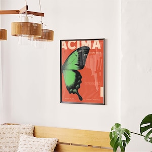 May include: A framed poster featuring a green and black butterfly wing on a red background, with the word "ACIMA". A wooden and rattan chandelier hangs above a wooden bench with pillows.