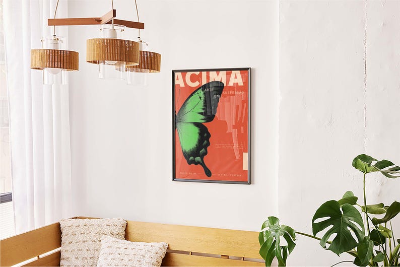 May include: A framed poster featuring a green and black butterfly wing on a red background, with the word "ACIMA". A wooden and rattan chandelier hangs above a wooden bench with pillows.