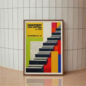 Cartel retro del festival de jazz de Monterey, cartel de concierto, impresión tipográfica, impresión artística minimalista vintage moderna de mediados de siglo, impresión de póster retro