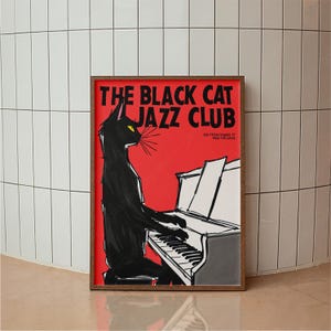 Póster de club de jazz Black Cat, impresión de jazz vintage, arte de pared moderno, decoración de pared de concierto, impresión de festival de música, decoración de gato negro, rojo y negro