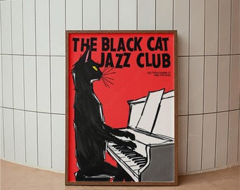 Black Cat Jazz Club Poster, Vintage Jazz Print, Modern Wall Art, Concert Wall Decor, Music Festival Print, Black Cat Decor, Red and Black