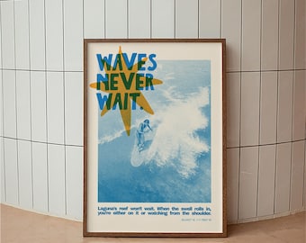 Vintage Surfing Poster, Laguna Beach Surf Art Print, Retro Surf Decor, California Wave Wall Art, Coastal Minimalist Print, Beach House