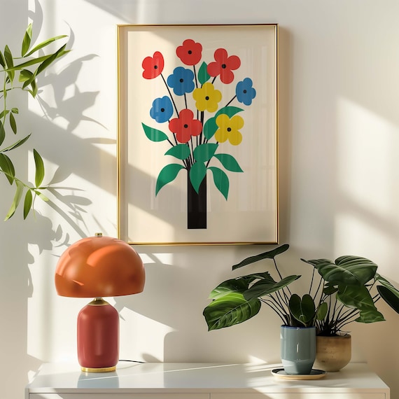 Minimal Botanical Flower Abstract Poster, Minimal Wall Art, Colorful Print, Minimal Vintage Art Print, Retro Poster Print, Abstract Print