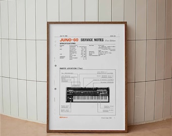 Plakat z syntezatorem Roland Juno 60 w stylu vintage, wydruk z instrukcją w stylu vintage, minimalistyczny plakat typograficzny, wydruk retro z syntezatorem klawiszowym, dekoracja muzyczna
