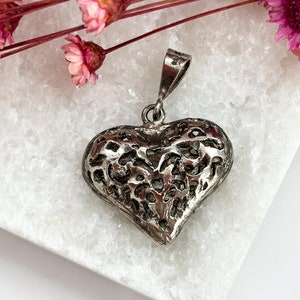 Sterling Silver 3D Cutout FIligree Vintage Heart Shaped Large Pendant | Charm