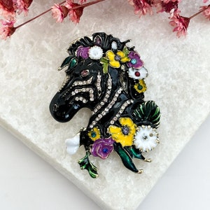 Mint Black Enamel Gold Toned Rhinestone Floral Vintage Oversized Figural Horse XL Vintage Brooch Pin