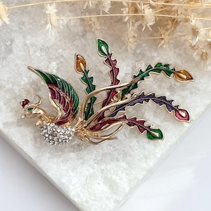 Multi Color Enamel Gold Toned Rhinestone Bird Shaped Avian Vintage Brooch