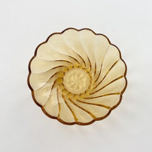 Midcentury Hazel Atlas Vintage Swirl Scalloped Edge Sunburst | Sunray Marigold | Yellow Glass Ring Dish | Bowl