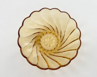 Midcentury Hazel Atlas Vintage Swirl Scalloped Edge Sunburst | Sunray Marigold | Yellow Glass Ring Dish | Bowl
