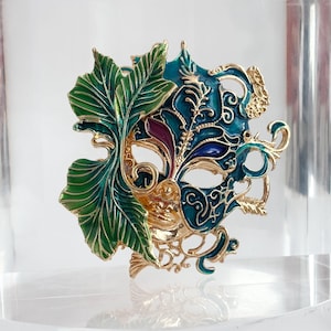 Multi Color Enameled Vintage XL Large Gold Toned Dreamy Venetian Style Mask Brooch Pin
