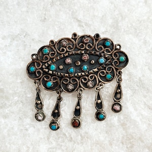 Broche mexicano Taxco de plata esterlina con turquesa, coral y amatista