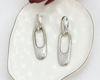 Sterling Silver Elongaged Hoop Taxco Mexican Made Vintage Earrings - 925 imprint