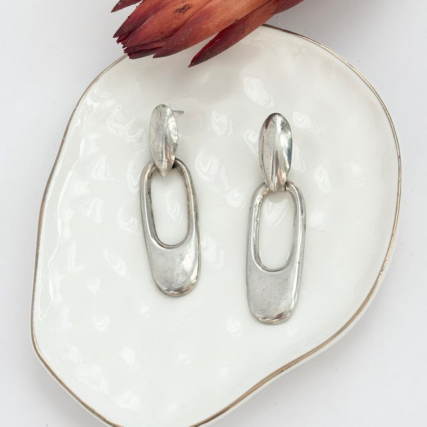 Sterling Silver Elongaged Hoop Taxco Mexican Made Vintage Earrings - 925 imprint