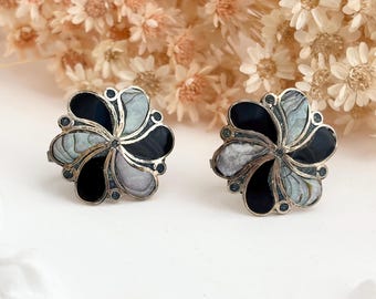 Pinwheel Natural Abalone & Black Onyx Sterling Silver Taxco Mexico Made 925 Stud Screw Back Earrings