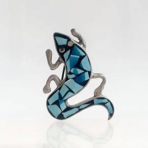 Mosaic Natural Turquoise Lizard Figural Mexican Made TR-19 Vintage Sterling Silver Tiny Brooch Pin
