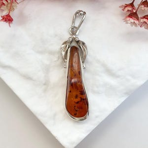 Natural Cognac Baltic Amber Freeform Art Nouveau Sterling Silver Leaf Framed Long Handmade Vintage 925 Pendant | Charm