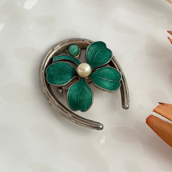 Vintage Silver Tone 4 Leaf Clover Brooch Pin