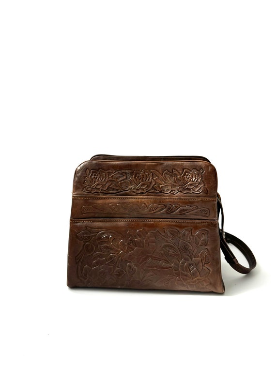 Mexican Made Hand Tooled 1970's Brown Leather Pur… - image 2