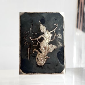 Mekkala, Goddess of Lightening Figure Rectangular Siam Sterling Silver 925 Vintage Thai Made Nielloware Brooch Pin