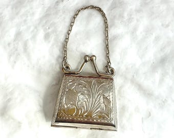 Miniature Locket Purse Sterling Silver 925 Scrollwork Delicate Locket Snap Enclosure Vintage Hanging Charm | Pendant