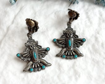 Thunderbird Figural Turquoise Navajo Southwest Made Vintage Silver Toned Clip On Earrings