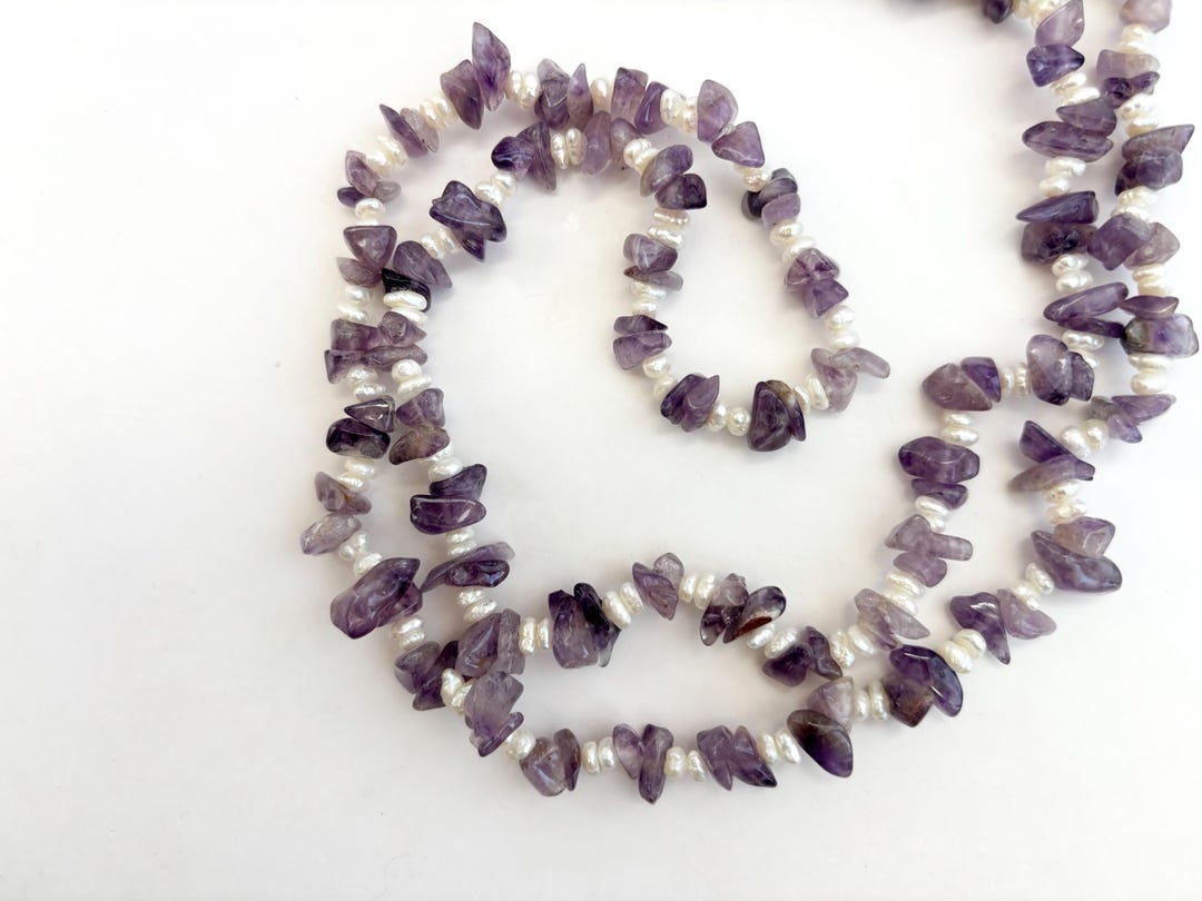 Natural Amethyst & Rice Pearl Gemstone Chip Beaded Chip Long Stranded ...