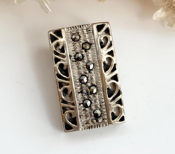 Art Deco Rectangular Marcasite Accented Cutout De… - image 1