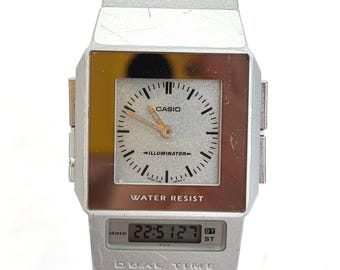 RARE Casio FS-01 2321 Silver Silm Illuminator Analog / Digital Dual Time Japanese 90's Film Watch