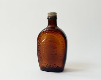 Vintage Dark Brown Glass Log Cabin Syrup Bicentennial Glass Container with Top
