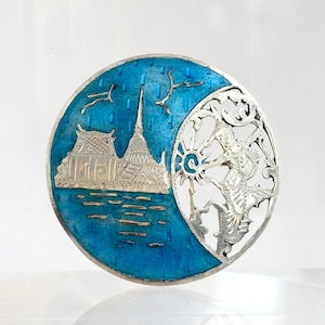 Mekkala Goddess Blue Enamel Siam Sterling Silver 925 Cutout Vintage Ornate Thai Made Nielloware Brooch Pin