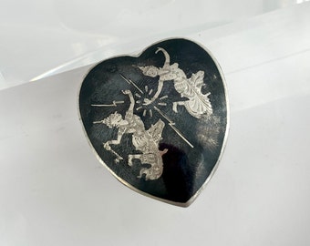 Vintage Sterling Silver Heart Shaped Siam Silver Nielloware Makkala Dancing Goddess Brooch Pin