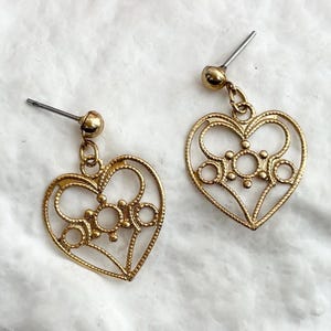 Heart Shaped Beaded | Milgrain Gold Toned Dangle Costume Jewelry Vintage Earrings