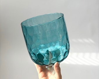 Vintage Blue / Turquoise Thumbprint Wide Decorative MCM Vase