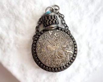 Chatelaine Intricate Designed Sterling Silver Antique Vintage Turquoise Tiny Perfume Scent Bottle