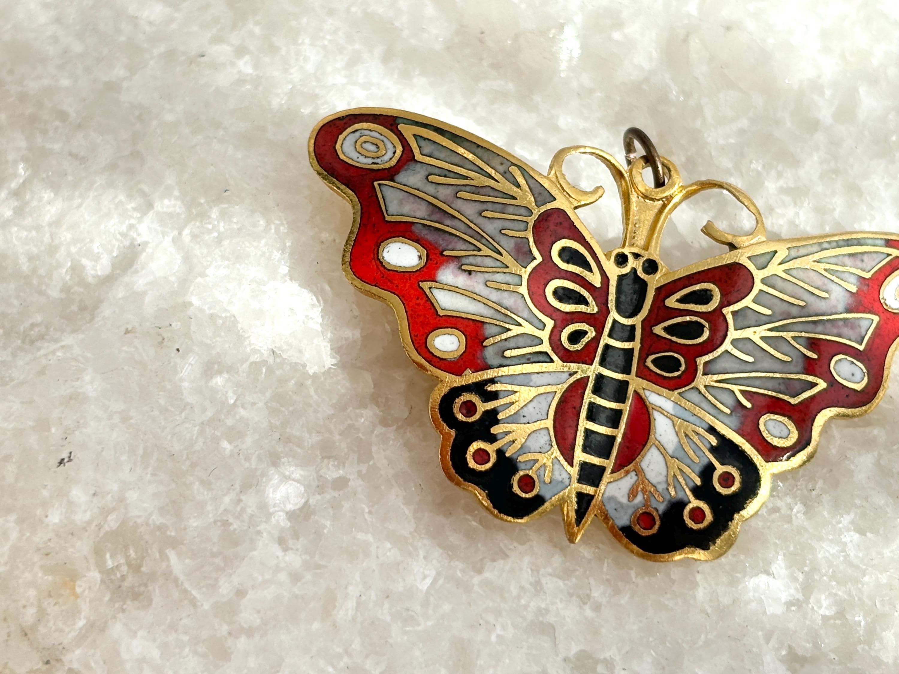 Broche Papillon Vintage émail Cloisonné - Rouge Et Blanc Sur Or - État Impeccable - Modèle 3487