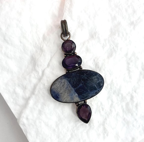 Sodalite & Amethyst Gemstone Featured Vintage Gemstone Jumbo Silver Toned Pendant