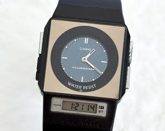 CASIO FS-01 2321 Dark Blue & Silver Illuminator Analog / Digital Dual Time Japanese 90's Film Watch