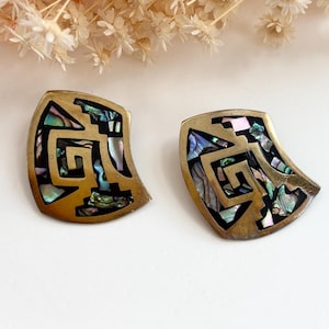 Modernist Sterling Silver Gold Vermeil Taxco, Mexican Made Abalone | Mother of Pearl Vintage Clip On Style Large XL Earrings
